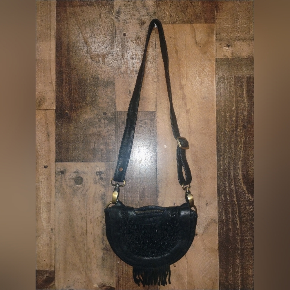 Wild June Festival Black Leather Mini Bag Purse  Crossbody Boho